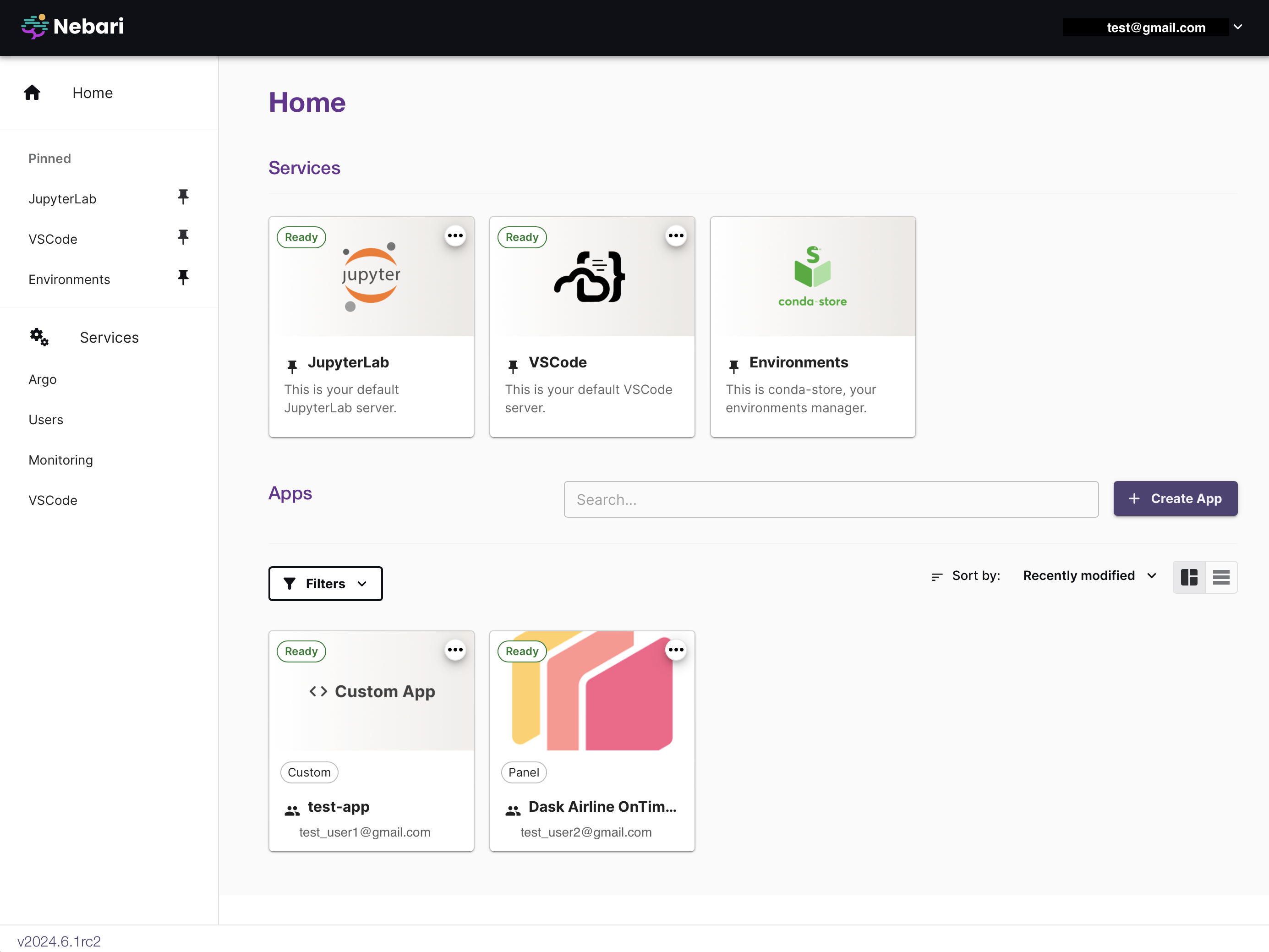 Nebari home page with Services: JupyterLab, Argo, Users, Environments, Monitoring, VSCode; My Apps: JupyterLab (default JupyterLab instance); and Shared Apps.