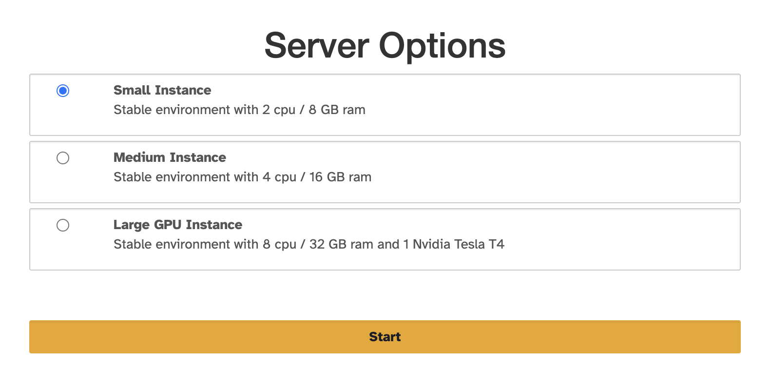 Default profiles showing small, medium, and large instances